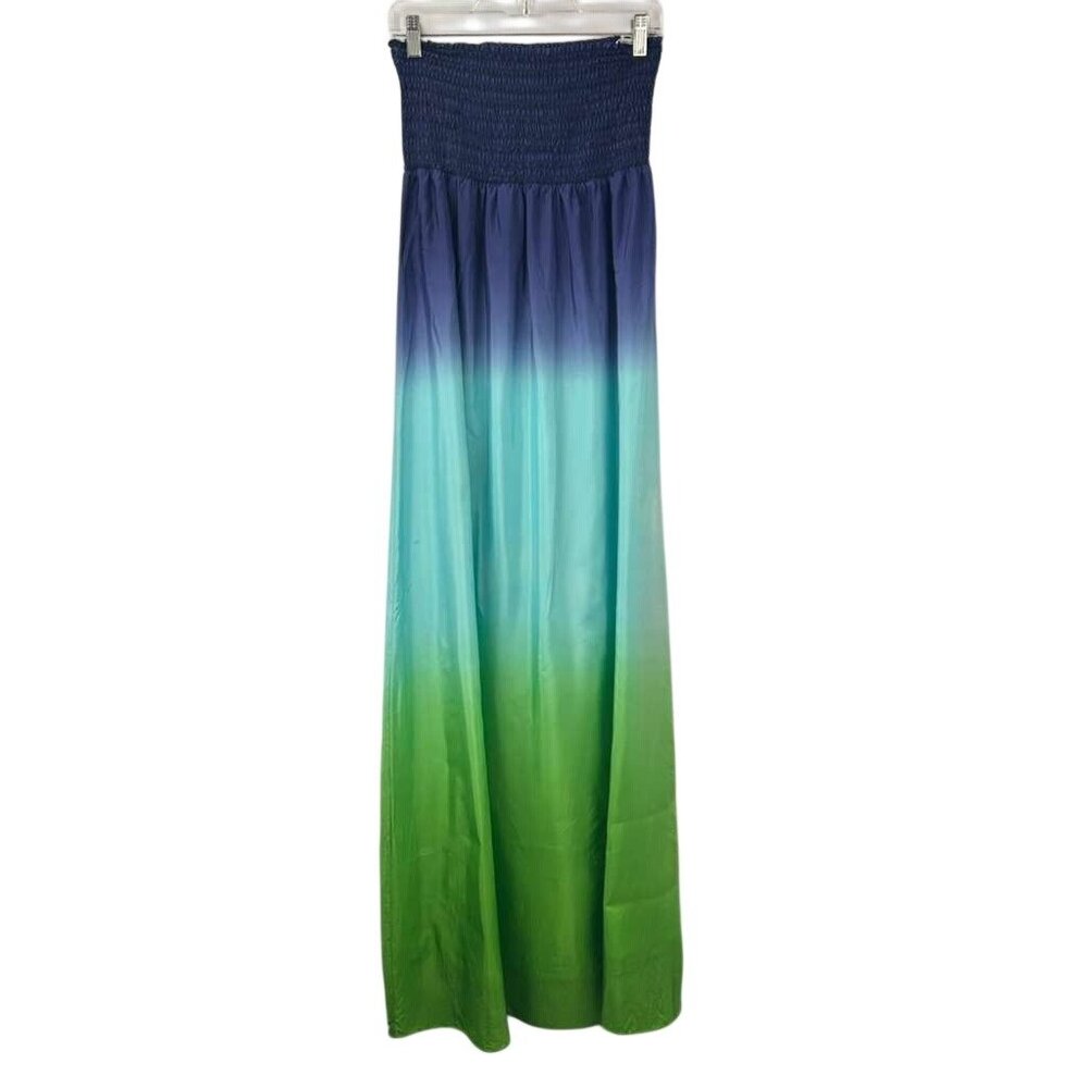 Lilly Pulitzer Women's Large Green & Blue Dip Dye 100% Silk Strapless Maxi Dress - Picture 2 of 16